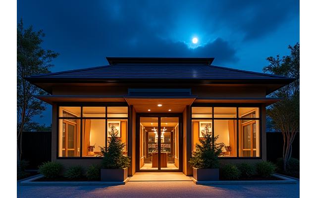Tsuki Ryugu restaurant exterior at night, subtly lit to highlight its elegant facade, with a cosmic touch in the background