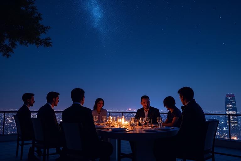Tsuki Ryuguの屋上テラスで星を眺めながら食事をする人々のシルエット