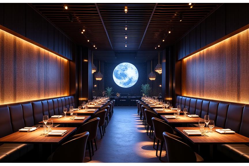 Tsuki Ryuguの美しい店内。宇宙をテーマにした豪華な装飾が施されている。