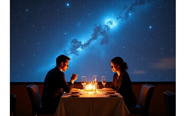 プロジェクションされた星空の下で食事を楽しむカップル