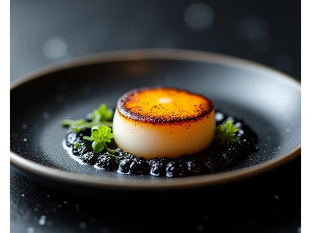燻製帆立とイカ墨、柚子泡の前菜、星雲のように盛り付けられた料理。 (Smoked scallop with squid ink and yuzu foam appetizer, plated like a nebula.)