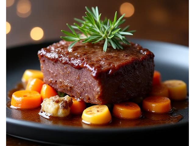 和牛シャトーブリアンのロースト、美しく盛り付けられた肉料理。 (Roasted Wagyu Chateaubriand, beautifully plated meat dish.)